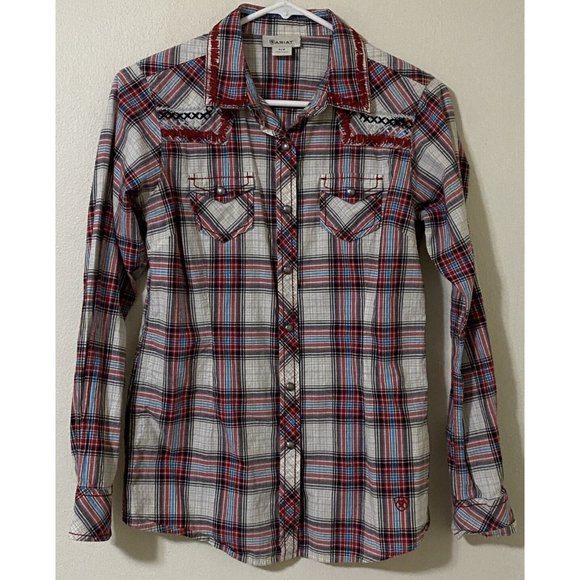Ariat Women's Western Long Sleeve Metal Snap Button Small Plaid Shirt Red Gray - Picture 1 of 9